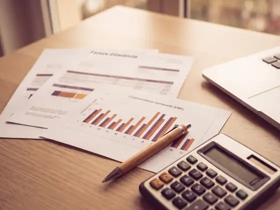 Factures d’électricité professionnelles et relevé de consommation posés sur un bureau